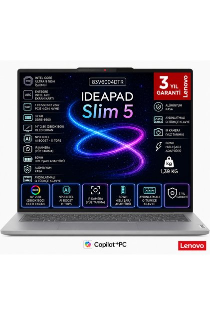IdeaPad Slim 5 14IMH10 Intel Core Ultra 9 185H 32 GB 1 TB SSD FreeDOS 14 Inç 2.8K (2880x1800) OLED 500nits 83V6004DTR