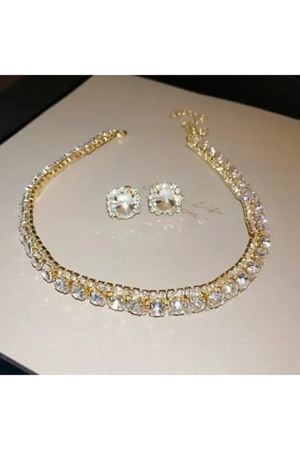 gold Luxury Crystal Necklace Earrings Set Champagne Green Blue Black Necklace for Women Weddings Par