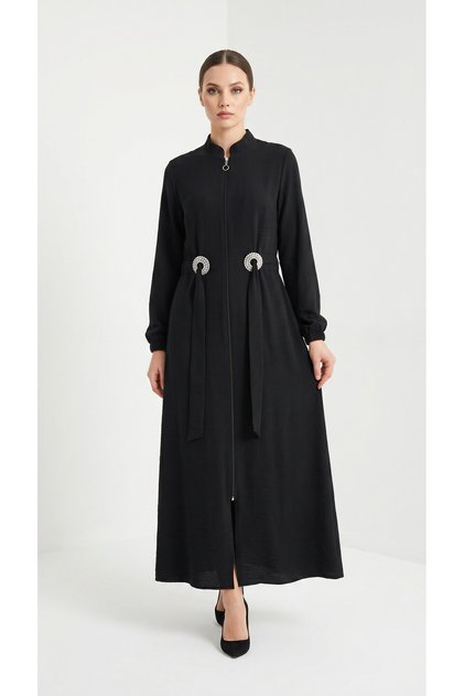 Long Belted Summer Dress with Stone Detail on the Outer Layer Black (Choose 1 Size Larger)