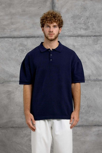 Men's T-Shirt Dp Collar Button Polo Navy Blue Oversize Knitwear Fabric