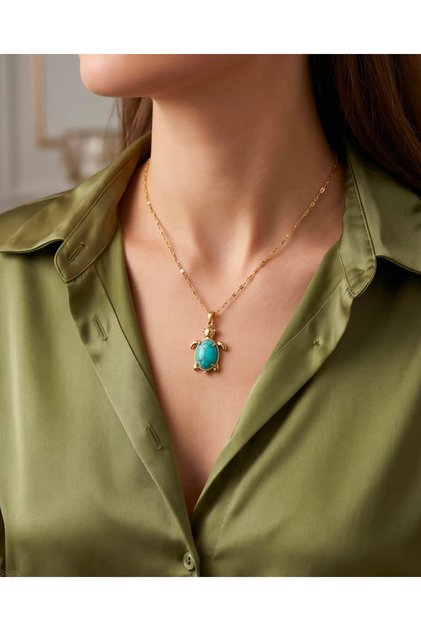 Turelia Blue Stone Turtle Steel Necklace