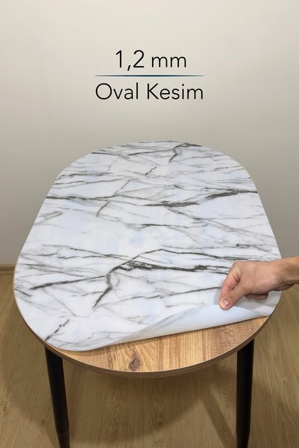 Oval 1,2 mm Mermer Desenli Kalın PVC Masa Örtüsü Kaymaz Masa Koruyucu (Düz Hatlı Masa Uyumlu) - D01