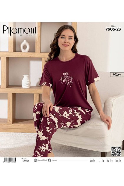 Bambu Milan Fabric Burgundy Color Short Sleeve Women's Pajama Set