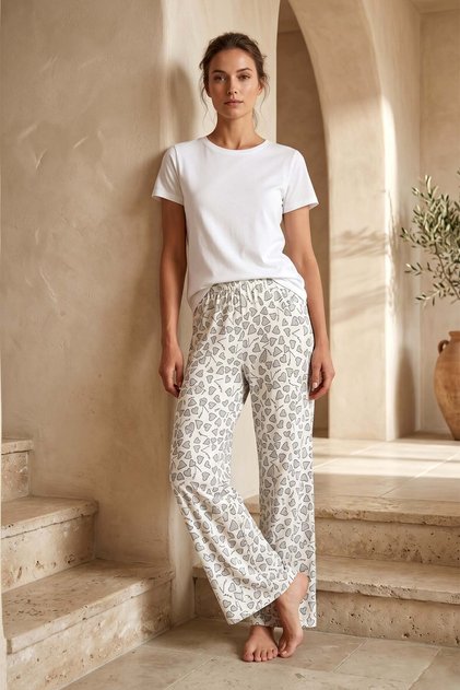 Women's Viscose Fabric Gray Heart Pattern Combed Cotton Single Pajama Bottom 42 White03