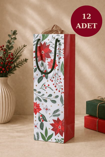 12'li 10x33x9 cm Özel Tasarım Kırmızı Çiçek Desenli Hediyelik Karton Çanta