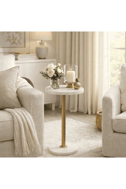 Marble Side Table with Strong Metal Base 25 cm - Gold