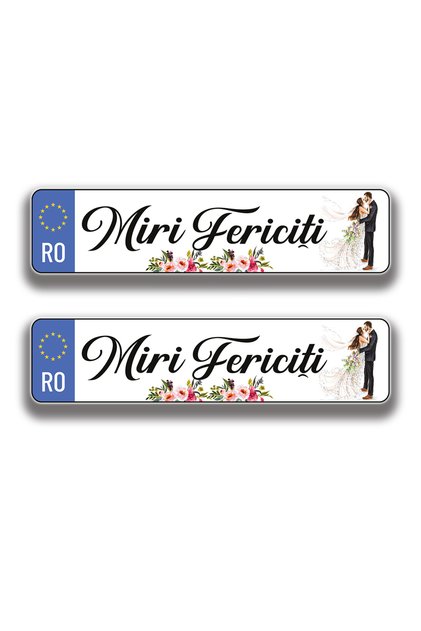Set 2 bucăți – Plăci auto festive pentru nuntă," Miri Fericiți ",design floral, 52x12 cm