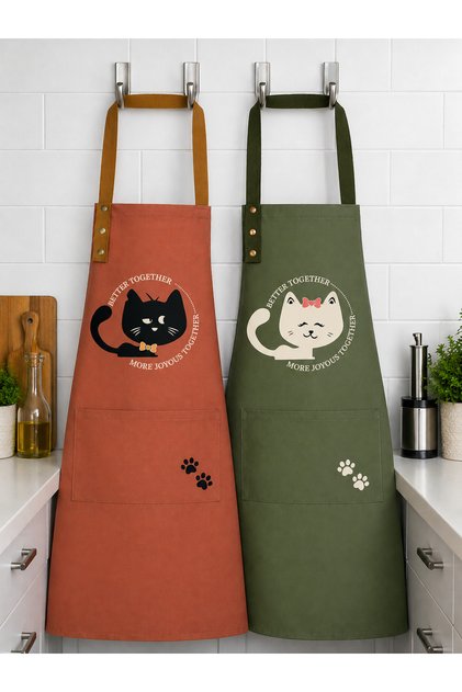 Kitchen Apron Set of 2 Stain-Resistant Water-Repellent Fabric Cat Print Dowry Black Cat Apron