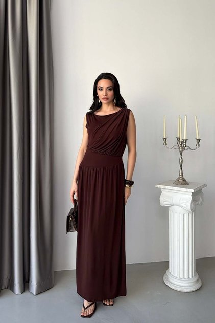 Brown Waist Detailed Draped Sleeveless Dress