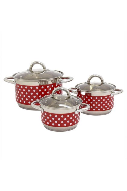 Set de vase emailate, 3 piese cu capace de sticlă – Design cu buline, Compatibil cu toate sursele de căldură