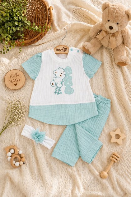 Baby Girl 3-Piece Set Teddy Bear Embroidered Bandana Top and Bottom Set 0 3 6 9 Months