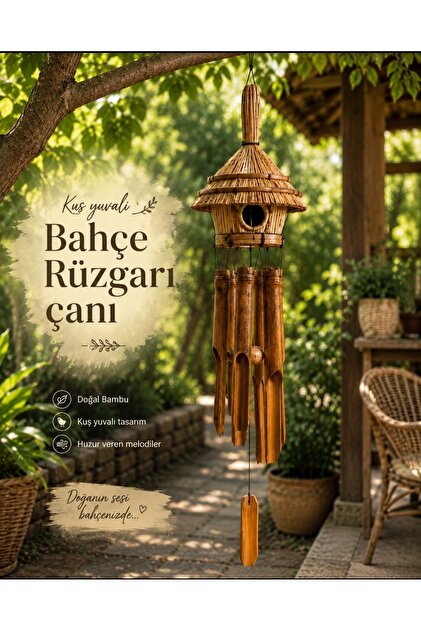 Kuş Yuvalı Bambu,Hasır Rüzgar Çanı Doğal Dekoratif Bahçe Balkon Rüzgar Çanı