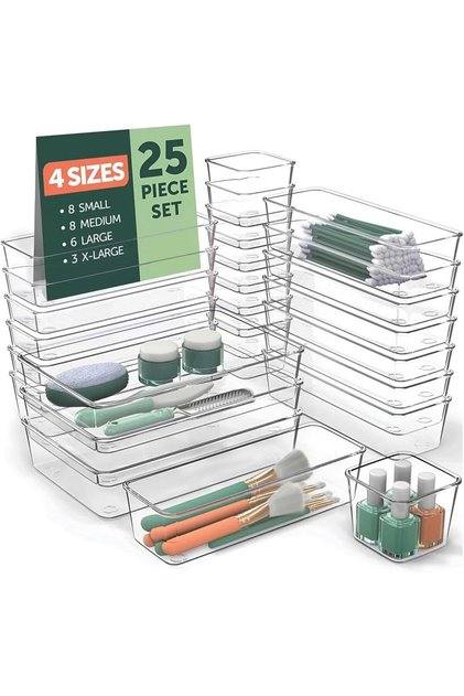 Drawer Organizer 25-Piece Clear Set - Plastic Storage Bins with 4 Sizes, Non Slip Pads, Storage Drawer Dividers Set for Fridge Organizer, Bathroom, Vanity, Makeup Organizer & Office