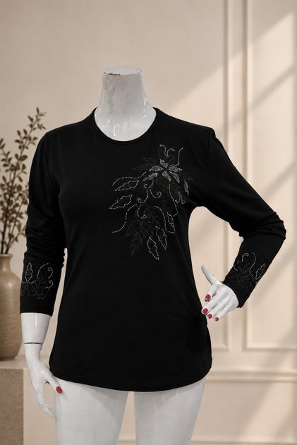 Stone Embellished Long Sleeve Luxury Combed Cotton Mother Blouse