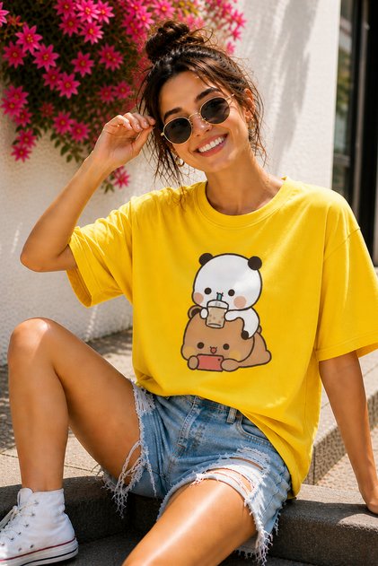 Bubu and Dudu Cute Teddy Bear Printed Unisex Oversize T-Shirt – Cotton Crew Neck T-Shirt