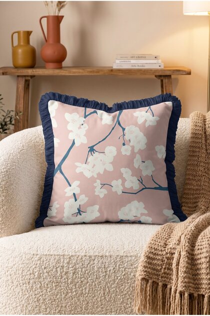 Pink Background with White Sakura Flower Branch Pattern Fringed Throw Pillow Cover - Navy Blue Tassel Cover