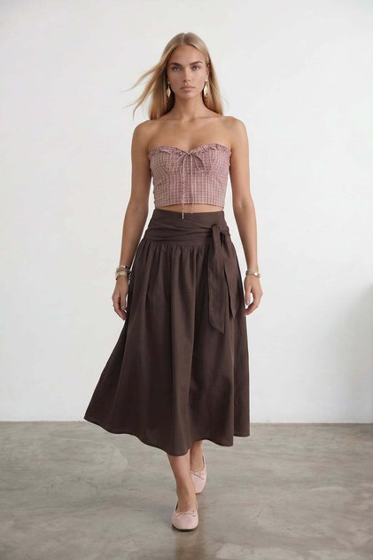 Women's Brown Tie-Waist Zippered Lined Midi Poplin Skirt Alc-X15519