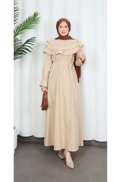 Belted Ruffle Detailed Hijab Terry Cotton Dress Mink Hnt0314