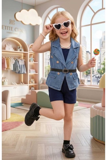 Girl's 4-Piece Set with Denim Vest and Shorts - Button Detailed Denim Belted Vest - Shorts - Undershirt 100% Cotton 4-Piece Holiday Set