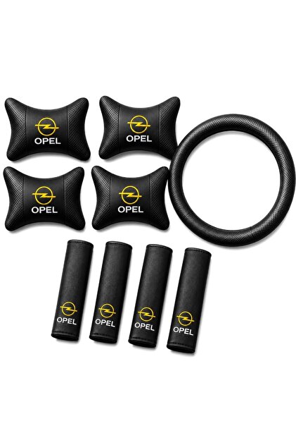 Opel Logolu 9 Parça Oto Boyun Yastığı Kemer Pedi ve Direksiyon Kılıfı Seti Siyah Deri Görünümlü Universal Araç İçi Konfor Seti