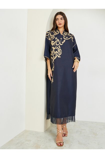 Navy Blue Printed Jalabiya with Tassel Trim