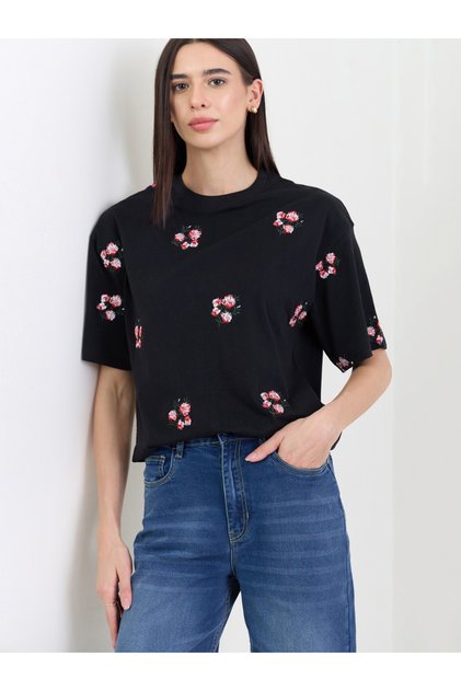 Black Oversized Dark Bunch Floral 100% Cotton T- Shirt