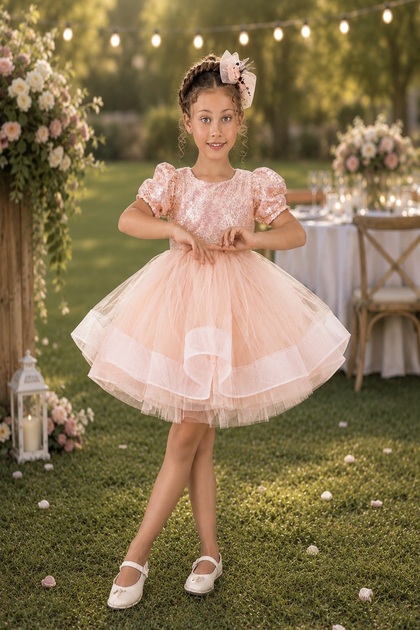 DeKuBaby Ballerina Model Sequin Embroidered Fluffy Tulle Girls' Evening Dress-Party-Birthday-Ball-Gown-Show Dress