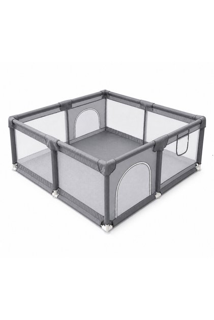 Tarc de joaca pentru bebelusi JOZY®, 120x120 cm, colturi protejate, design robust din plasa elastica si moale, gri