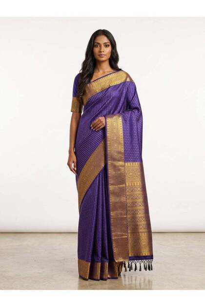 Nool Indra Blue Kanchipuram Silk Saree with Unstitched Blouse