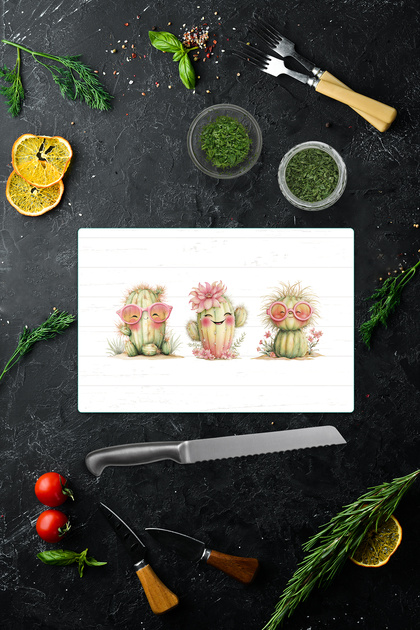 Glass Cutting Board - Glass Cutting Table | Cheerful Cacti | 20cm X 30cm