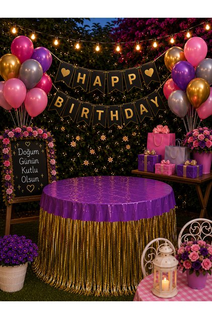 Purple Gold Garden Birthday Decoration Set with 20 Balloons, Happy Birthday Banner, Table Skirt, Party Set