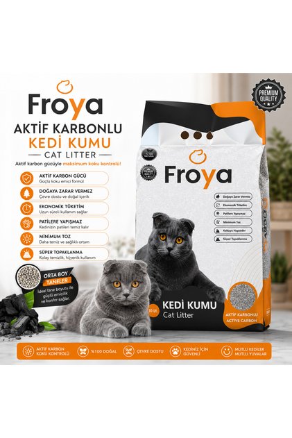 Froya Aktif Karbonlu Kedi Kumu 10 Lt Orta Taneli Topaklanan Kokusuz Doğal Kedi Kumu