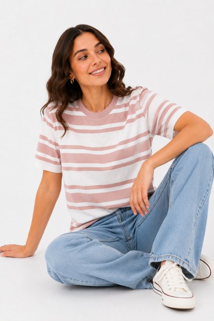 Women's 100% Cotton Pink Striped Crew Neck T-Shirt