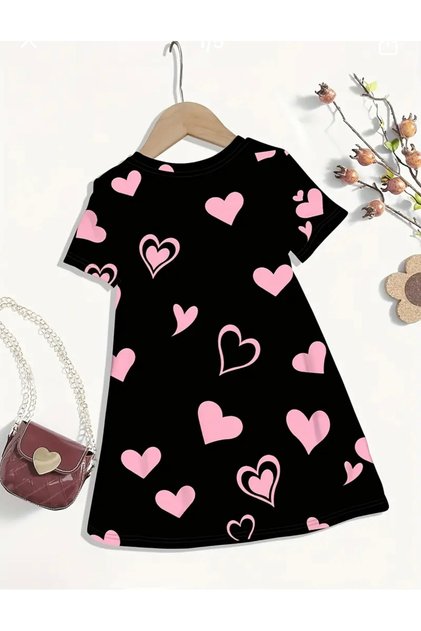 New Season Pink Hearts Printed 100% Cotton Girls' Short Sleeved Summer Dress