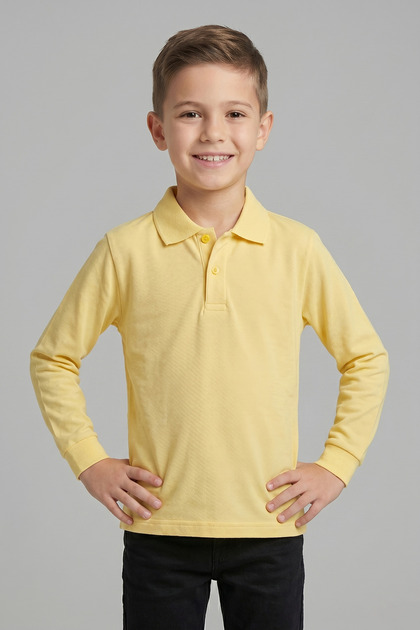 Unisex Kids Light Yellow Lacoste Polo Collar Long Sleeve School T-Shirt