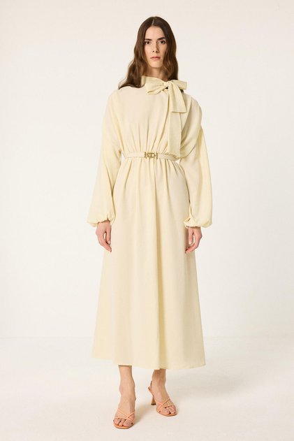 Belted Dress with Tie Collar