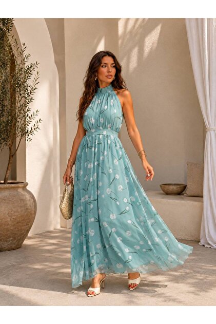 D'RECCY Women's Halter Necklace Collar Belted Long Tulle Stylish Evening Dress- Trendyol D'RECCY Women's Halter Necklace Collar Belted Long Tulle Stylish Evening Dress- Trendyol