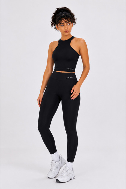 Women's Black High Waist Fitness Leggings and Halter Neck Crop Sports Set