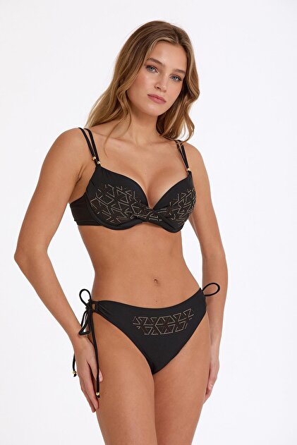 Women's Double Push-Up Stone Detailed Black Bikini Set C5T4N032841
