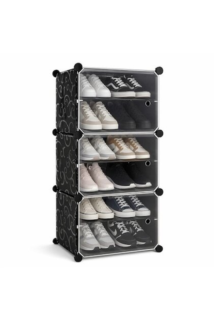 Raft modular pentru pantofi, 6 niveluri, 3 module, uși transparente, cuier, asamblare ușoară, 93x44x31.5cm, Negru