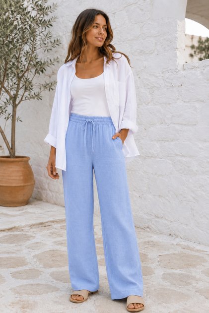 Women's Baby Blue 100% Cotton Muslin Woven Relaxed Straight Pants