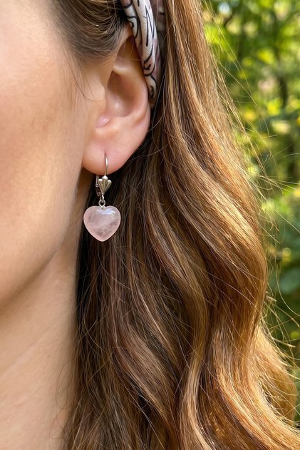 Pink Quartz Stone Heart Shaped Steel Earrings - Stainless