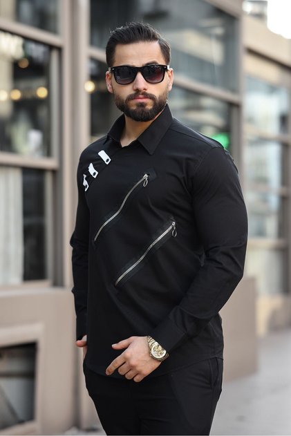 Erkek Çift Fermuar Aksesuarlı Asimetrik Düğme Detaylı Slim Fit Gömlek