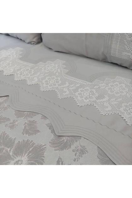 El Işi Dantel Pike Takımı Çarşafıda Dantelli - Gümüş Gri