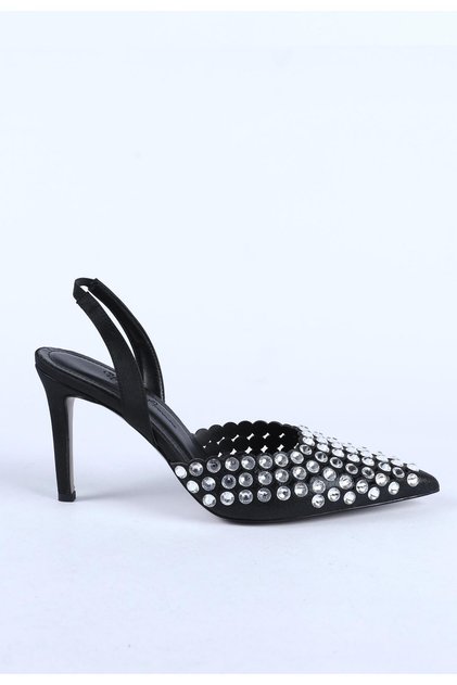 Women's Open Back Elastic Band Trok Stone Pointed Toe Heeled Shoes Black