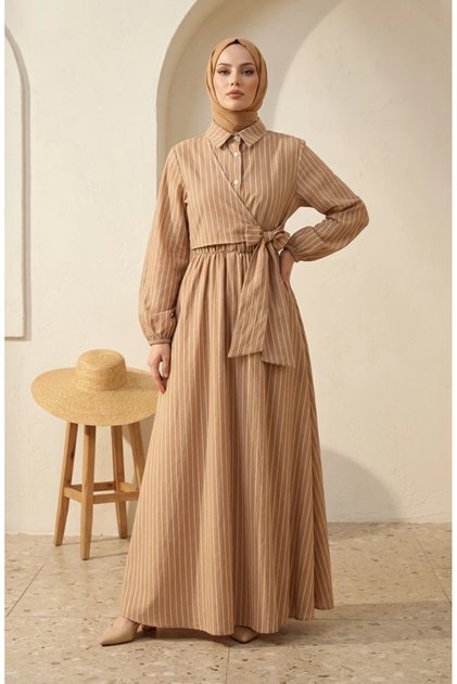 Half-Buttoned Elastic Waist Striped Dress 0320-01 Milk Coffee