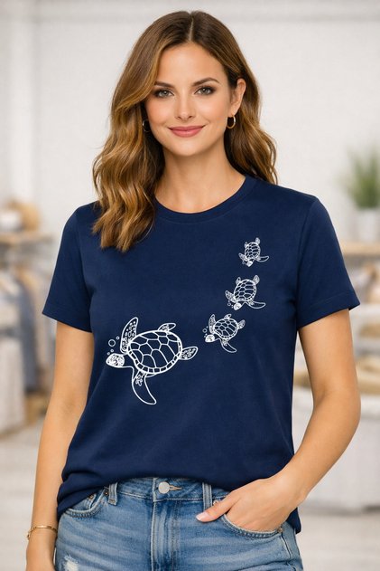 Caretta Sea Turtle Printed Navy Blue Short Sleeve Women's Plain Tshirt