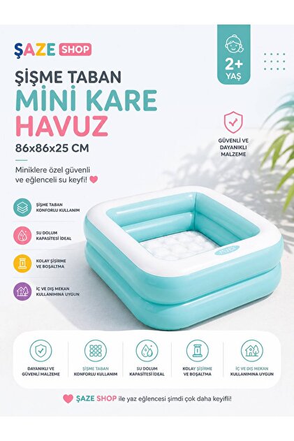 SAZE Şişme Taban Mini Kare Bebek Havuzu 86x86x25 cm Çocuk Oyun