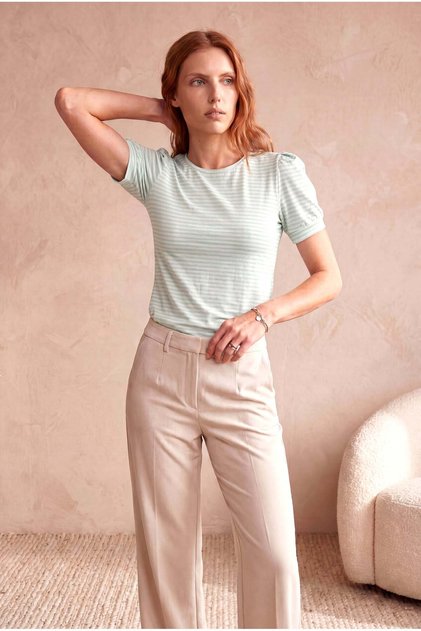 Women's Green Striped Viscose Blend Regular Fit Crew Neck Short Balloon Sleeve T-Shirt Kelly