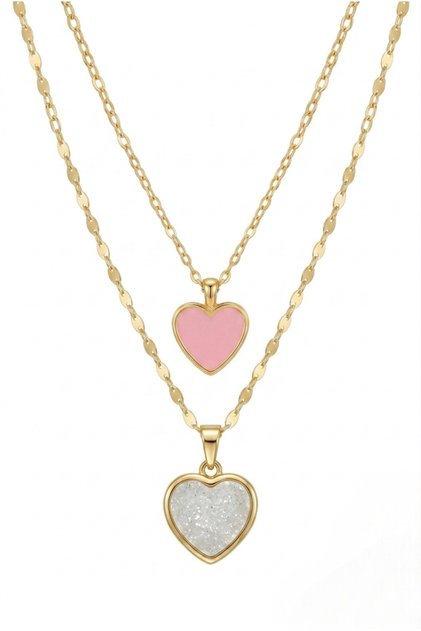 Double Heart Necklace Set Pink and Shiny White Heart 316L Steel Gift